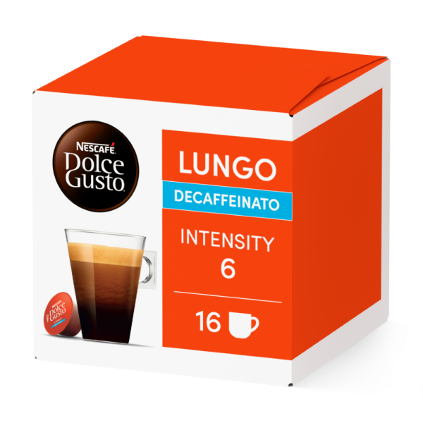 Front view of Lungo Decaffeinato (16 pods) box